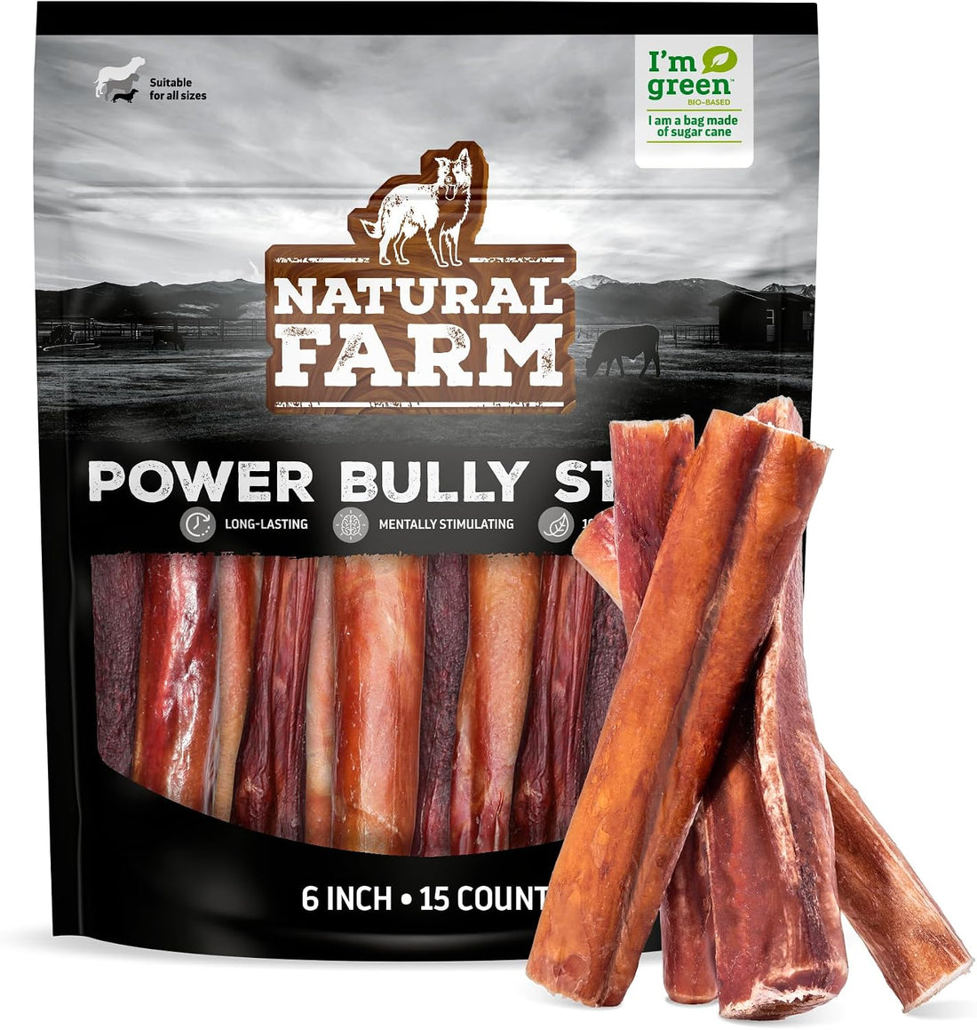 Natural Farm Power Bully Sticks Dog Chews, 2-in-1 Power Chews
