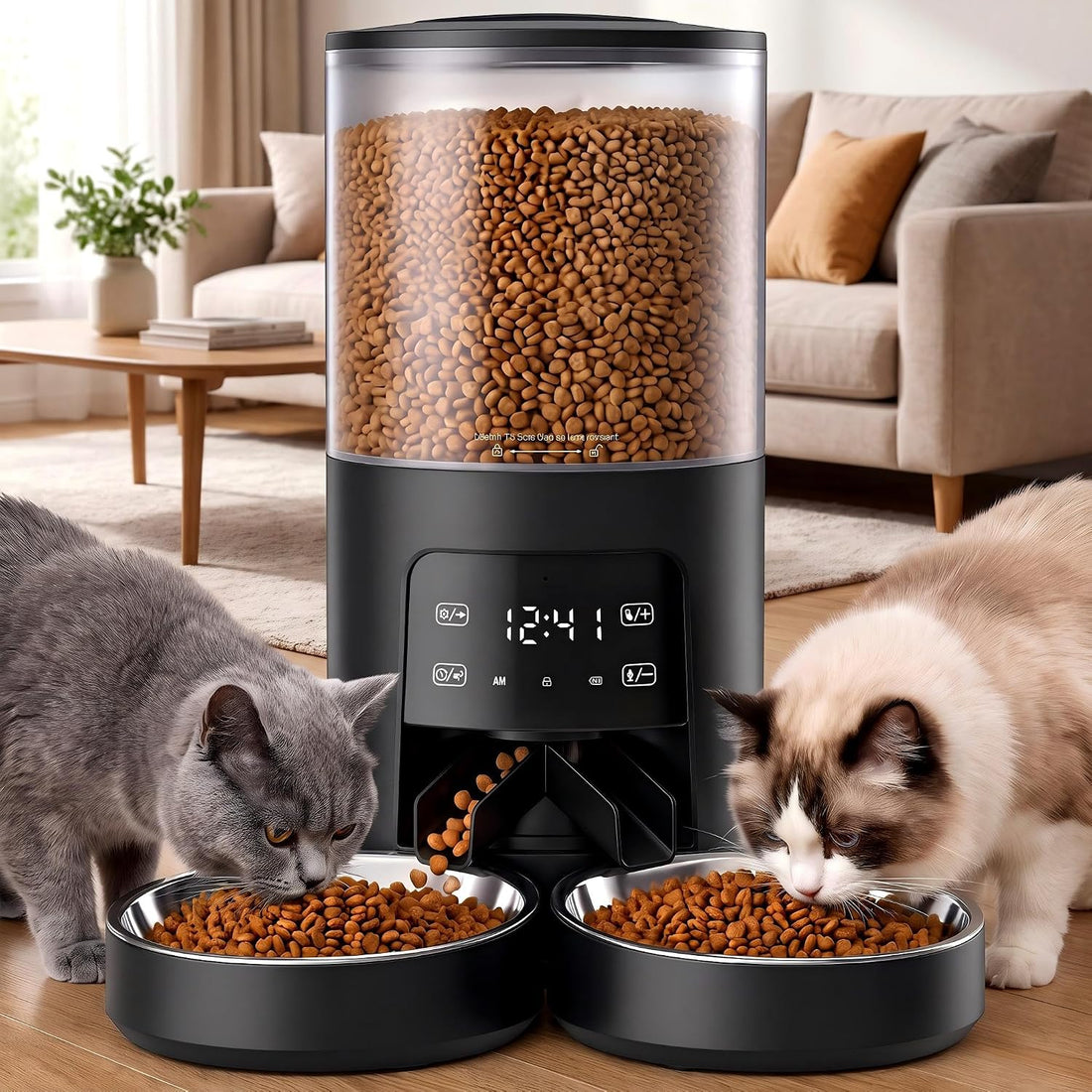 DUMOS 6L Automatic Cat Feeder for 2 Cats, Timed Pet Food Dispenser