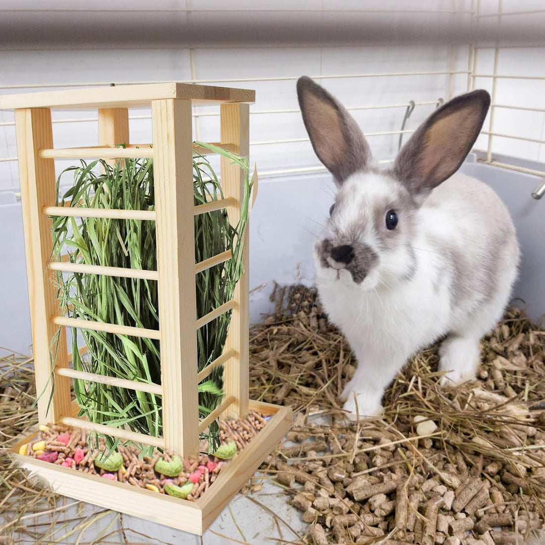 kathson Rabbit Wooden Hay Feeder,Wooden Rabbit Hay Rack Less Wasted
