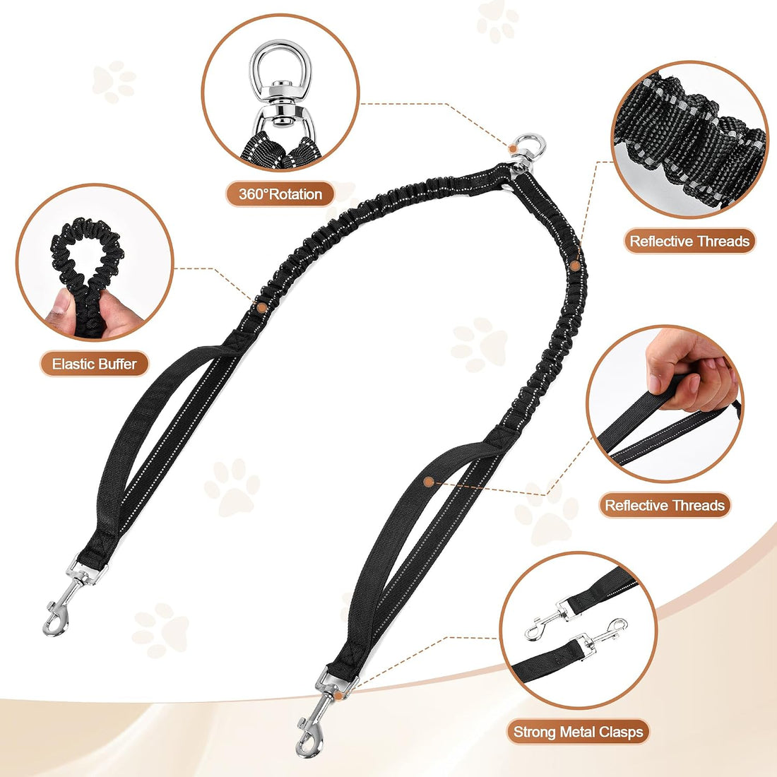 Tangle Free Double Dog Leash for Two Dogs,360° Swivel,for Medium Dogs