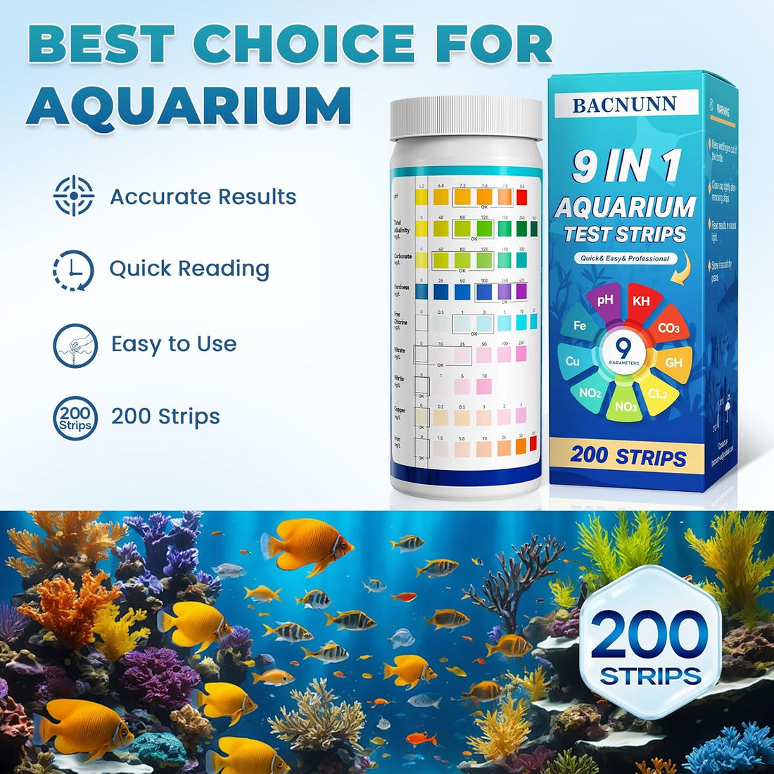 BACNUNN Aquarium Test Strips: 200CT 9 in 1 Fish Tank Water Testing Kit