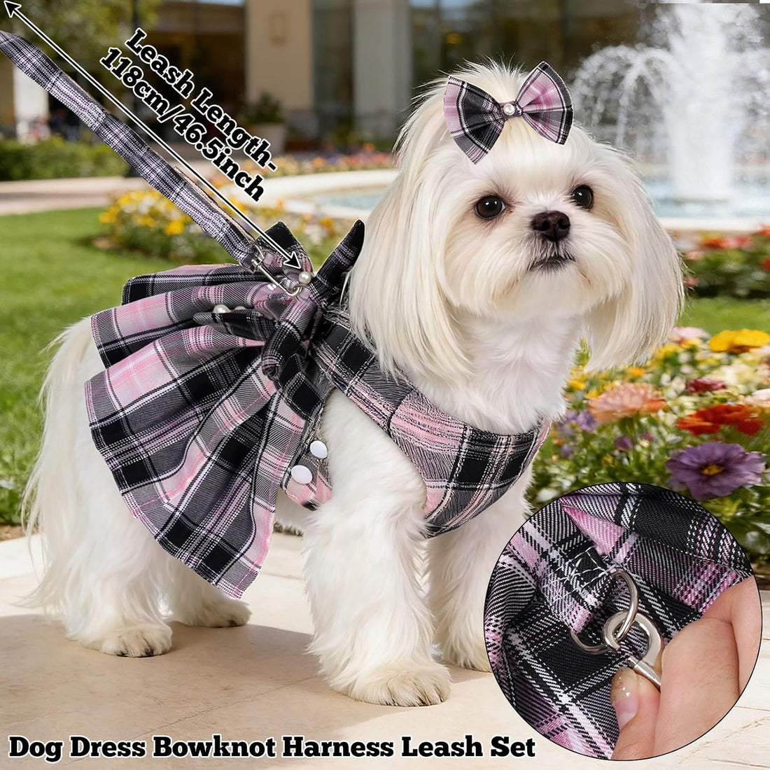 Dog Plaid Dress Harness and Leash Set with Pearls Bow Adjustable