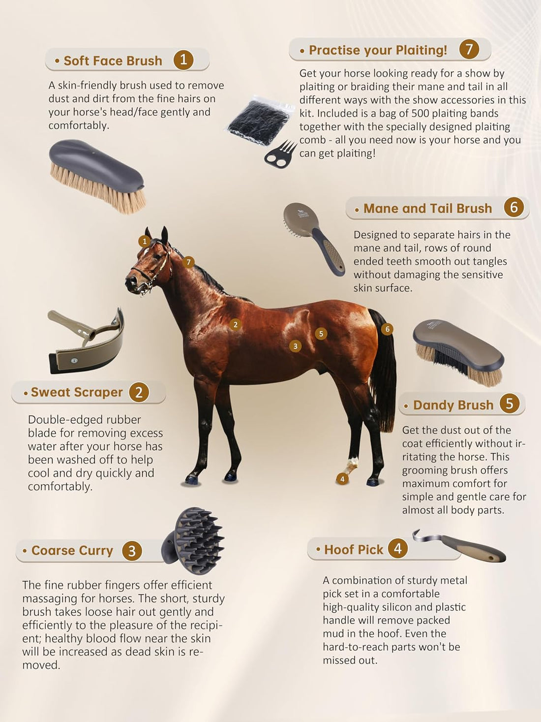 Harrison Howard Horse Grooming Kit, 7 Piece Grooming Supplies Kit