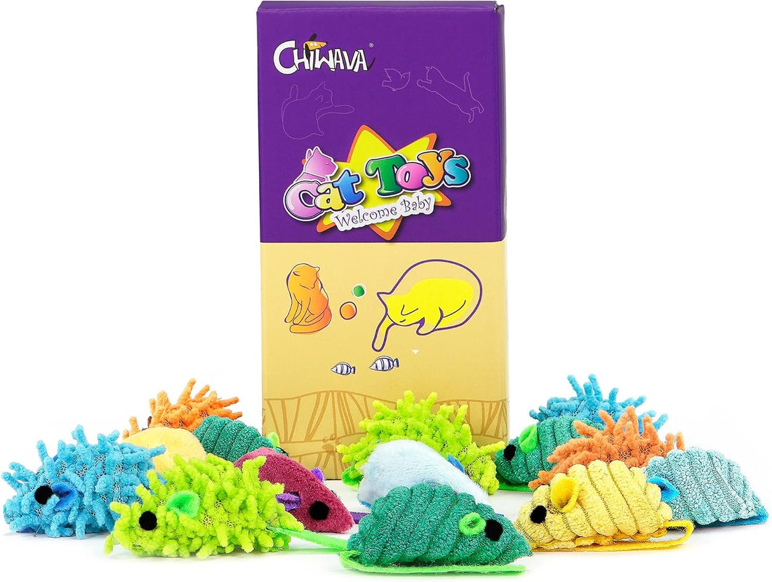 CHIWAVA 27PCS 2" Striped Shaggy Cat Toy Mice with Rattle Assorted