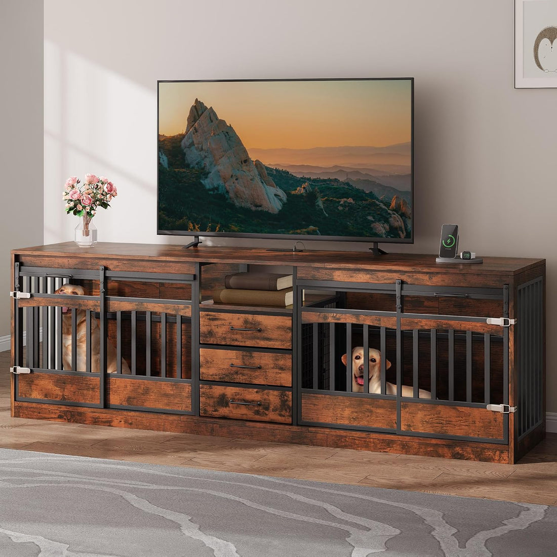 68.9" Double Dog Crate Furniture with 3 Storage Drawers,Grey