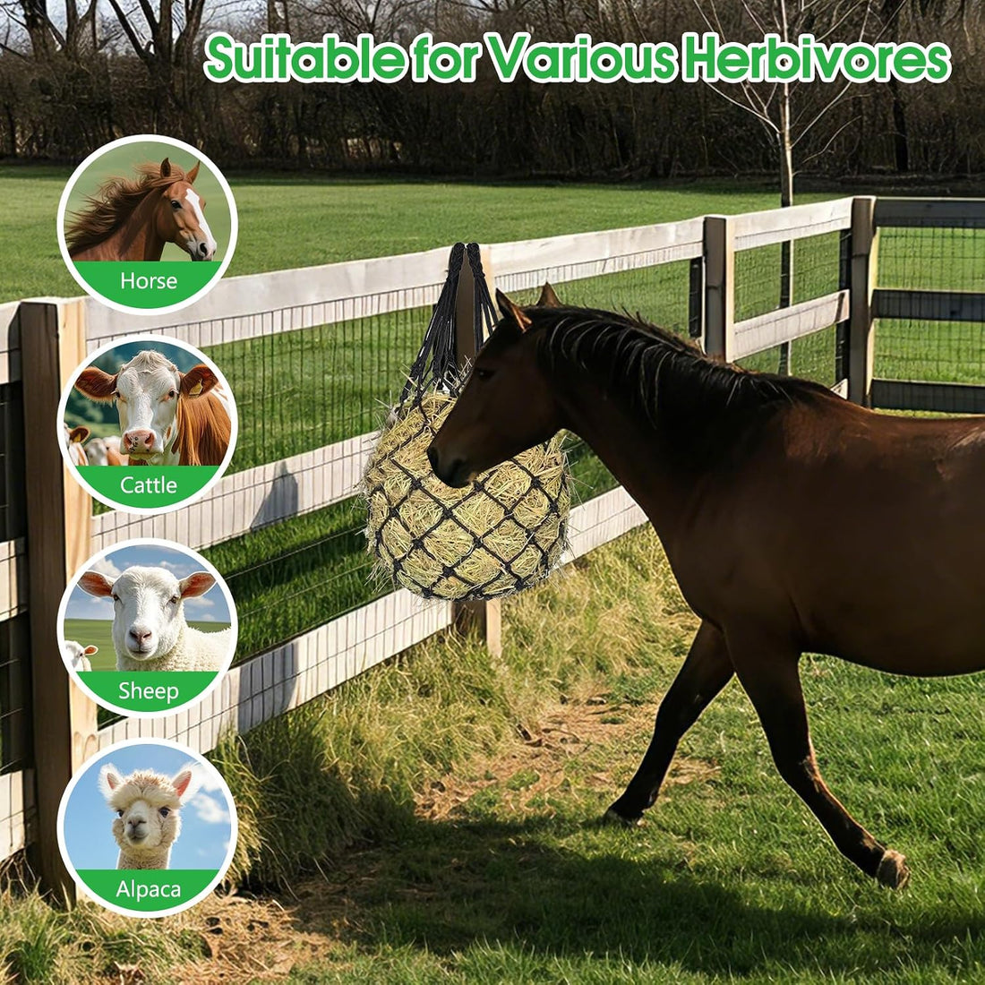 Slow Feed Hay Nets 3 Pack 40-Inch Durable Mesh Hay Bags Feeder