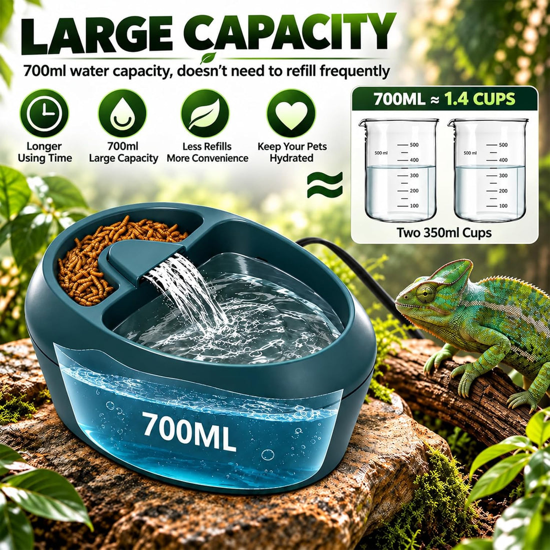 700ml Reptile Waterfall Fountain with Feeder Bowl