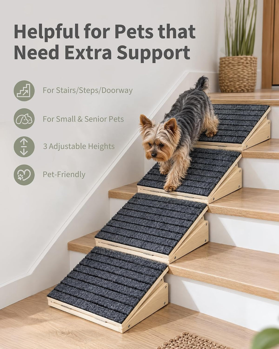 Dog Ramp for Stairs Adjustable, Non-Slip Wooden Pet Steps