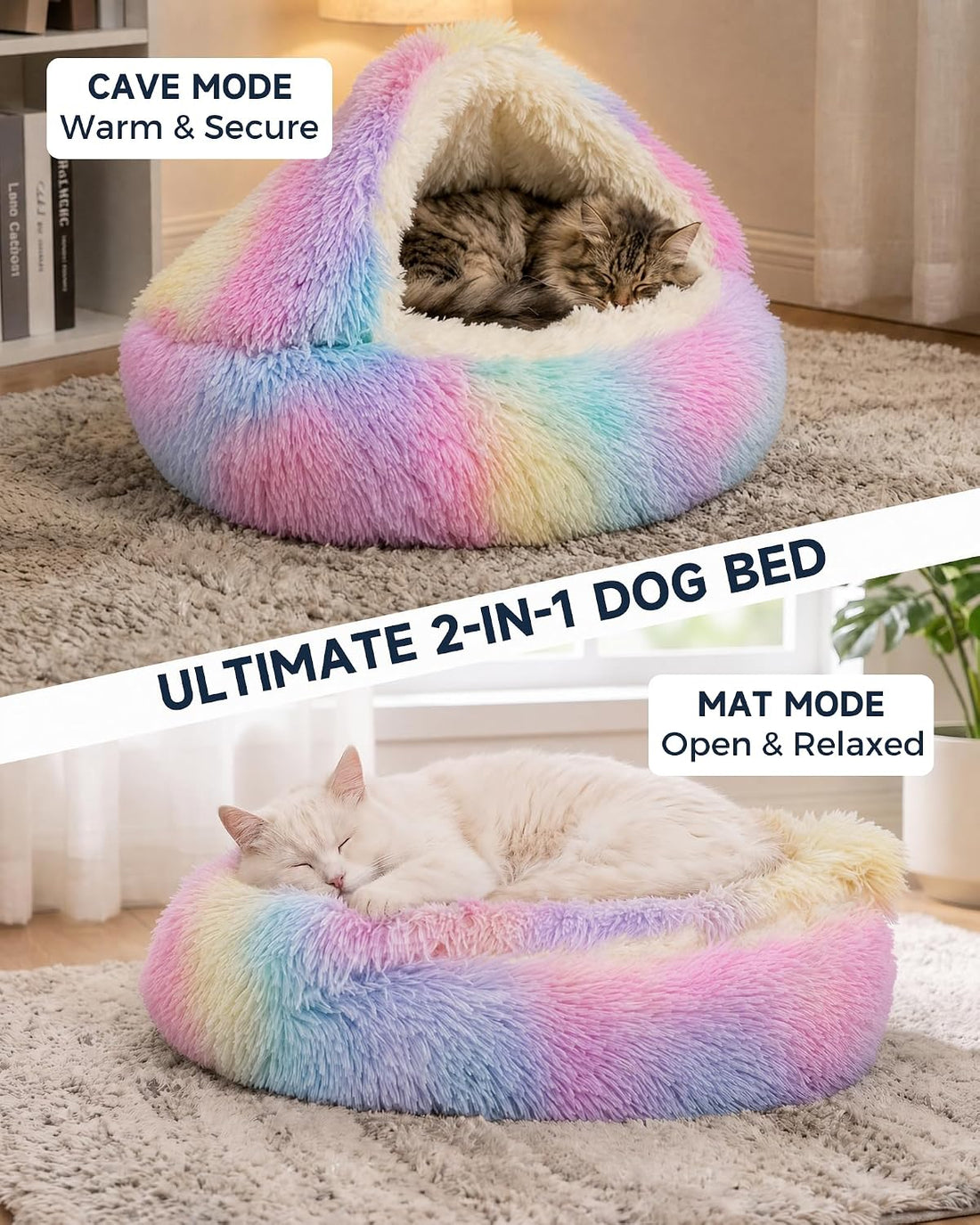 ShinHye Cat Bed Round Plush Fluffy Hooded Cave, 23×23inch