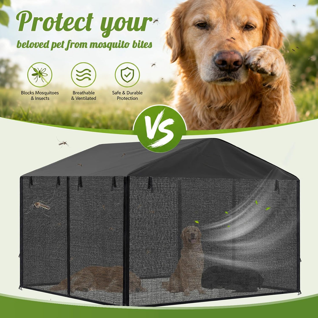 Outdoor Dog Kennel Cover with Full Coverage Mosquito Net for 6.5'd x