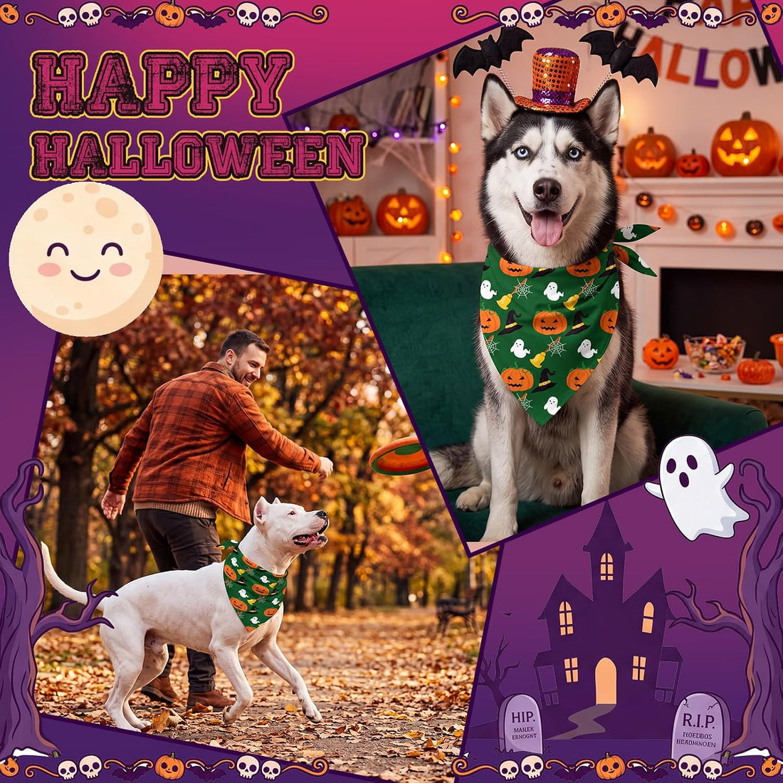 50 Pcs Halloween Dog Bandanas Bulk, Pumpkin Ghost Bat Skull Pattern