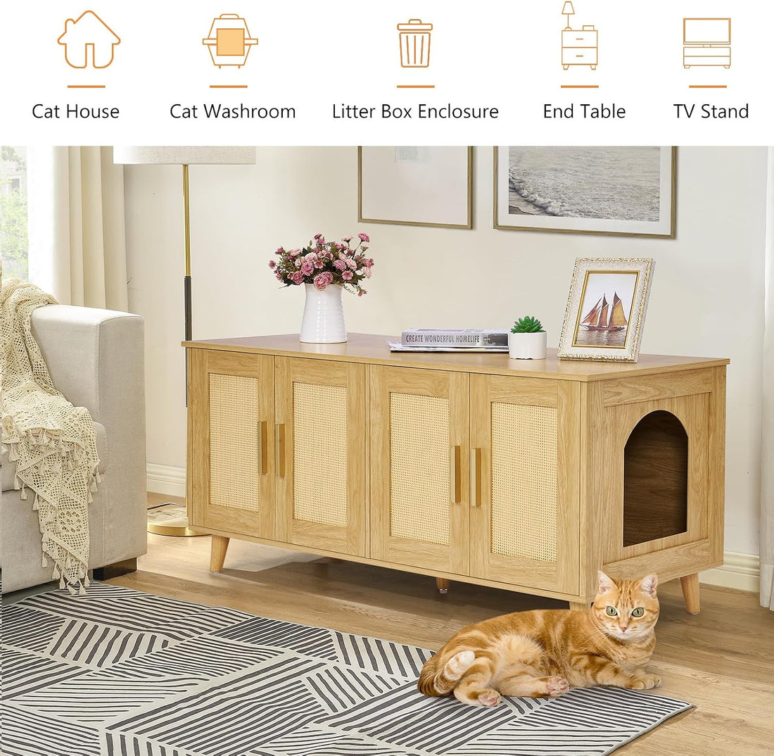 Homhedy Boho Cat Litter Box Enclosure for 2 Cats