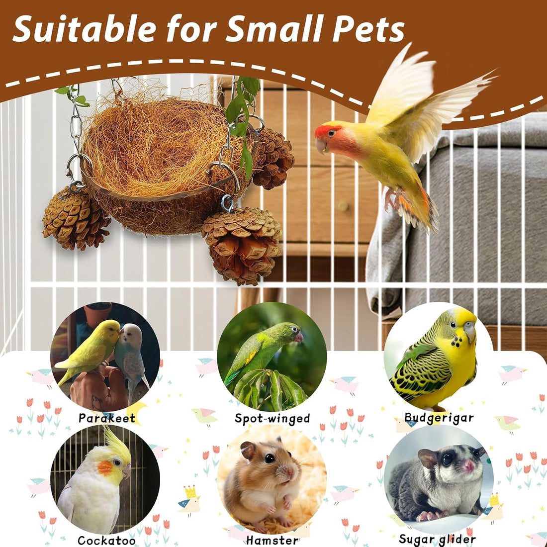 PINVNBY Natural Coconut Shell Bird Nest Suspended Parakeet Nest Bird