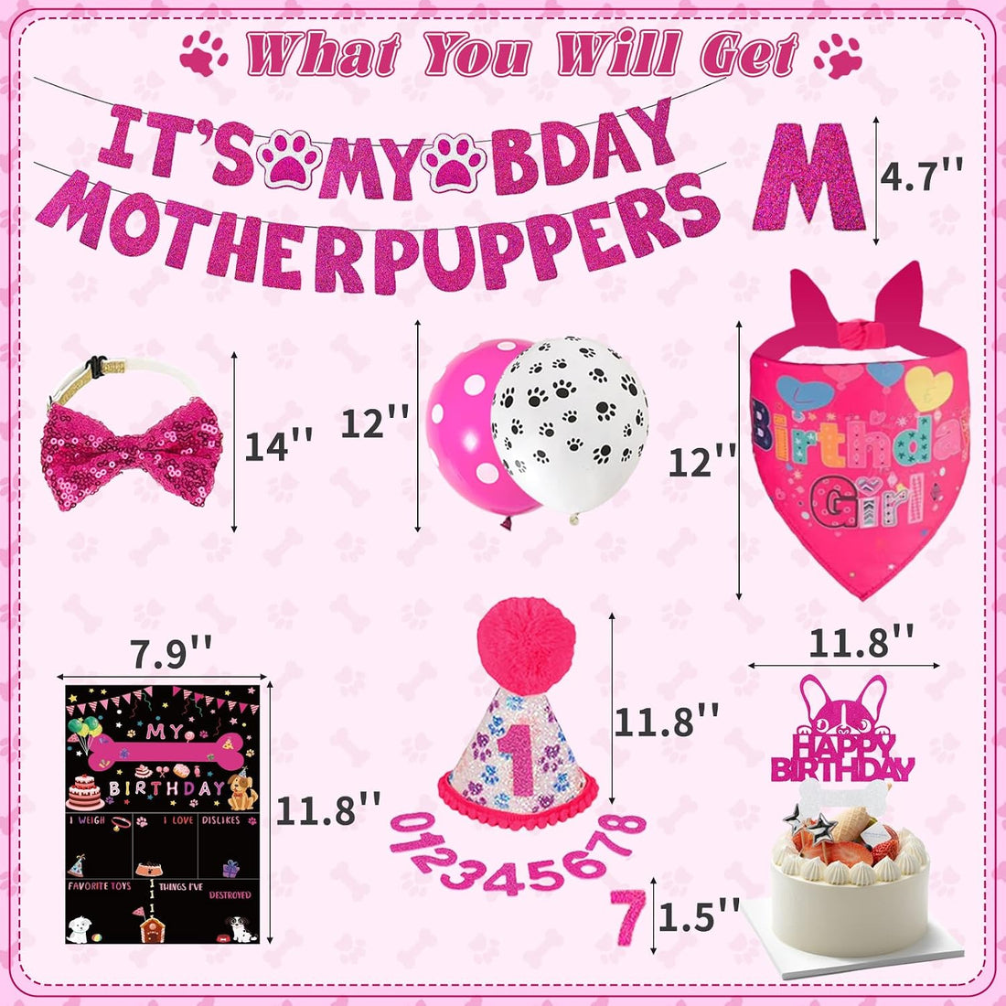 Hot-Pink Dog Birthday Party Supplies Pet Birthday Bandanas Girl Doggy