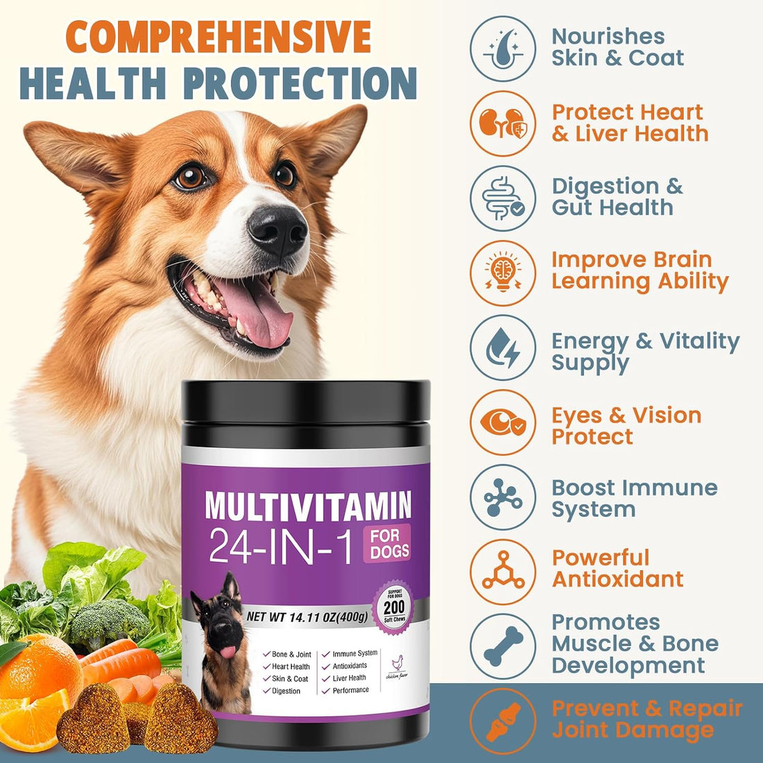 24-in-1 Dog Vitamins and Supplements 200 Ct Dogs Multivitamin