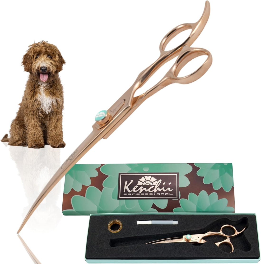 Kenchii Rose Dog Grooming Scissors 7in Curved, Micro-Serrated