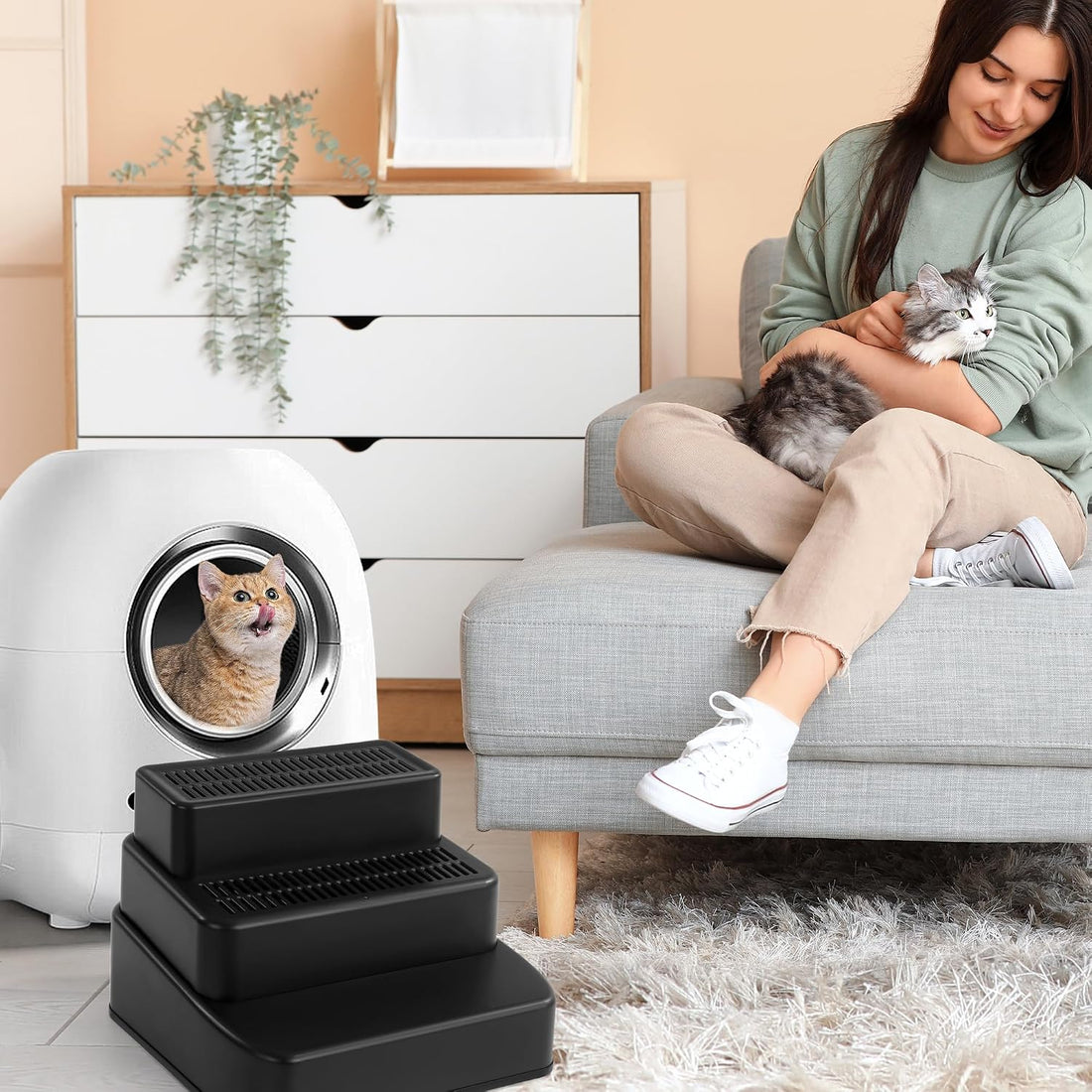 BALAPET Adjustable 3 Steps Litter Box Ramp with Filter Function