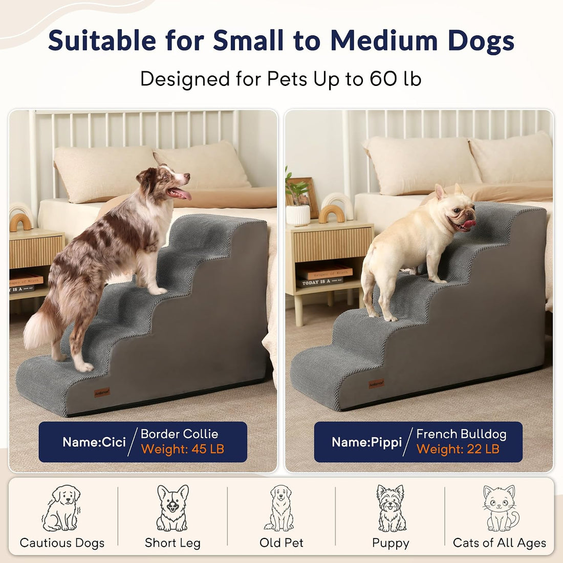 Dog Stairs for High Beds, 26" H 5-Step Pet Ramp for Small & Medium