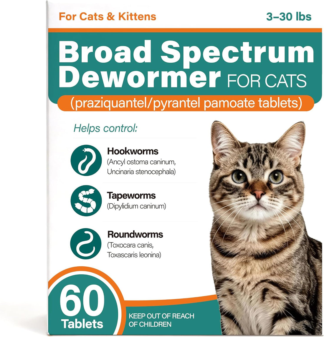DEwormer for Cats, Broad Spectrum Tablets for Cats & Kittens, 60 Count
