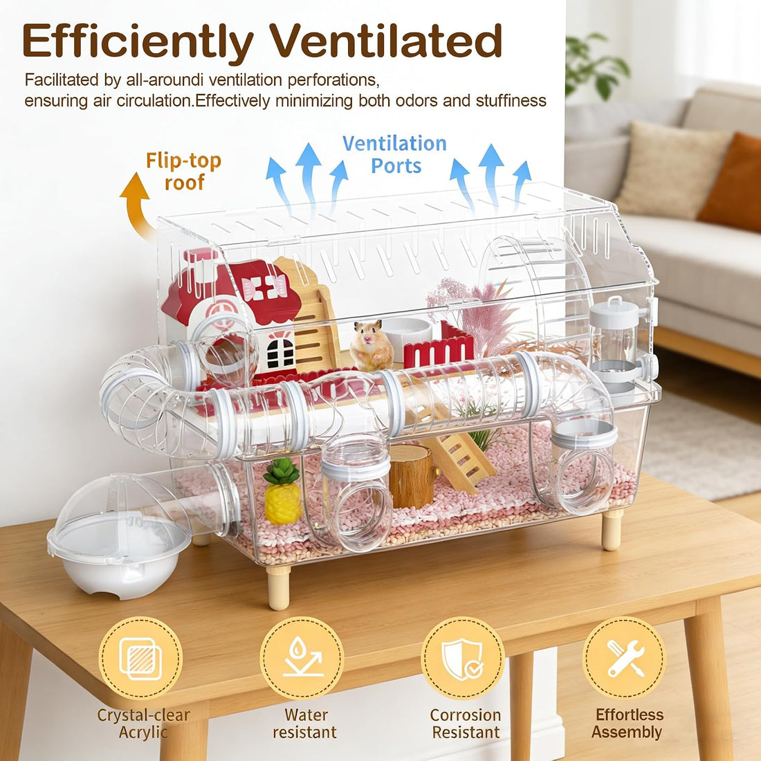 8 in 1 Acrylic Hamster Cage,2 Tier Dwarf Hamster Cage with 360°