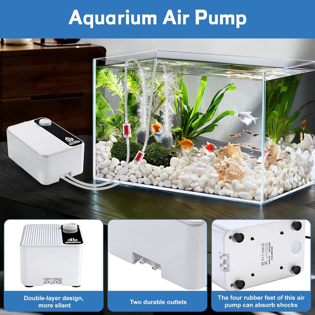 Aquarium Air Pump, Quiet Powerful Fish Tank Air Pump