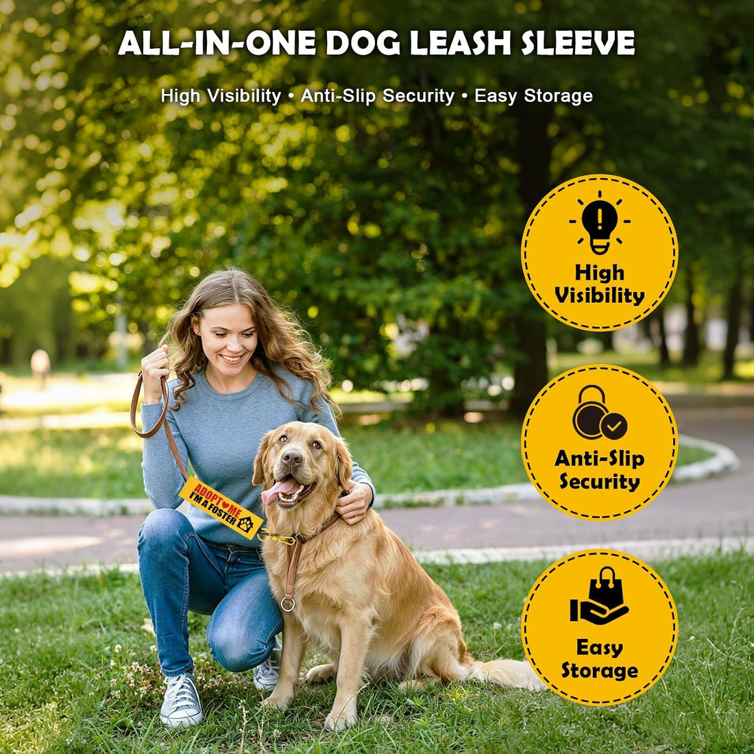 Yellow Adopt Me Dog Leash Sleeve Warning Wrap with Hook Carabiner