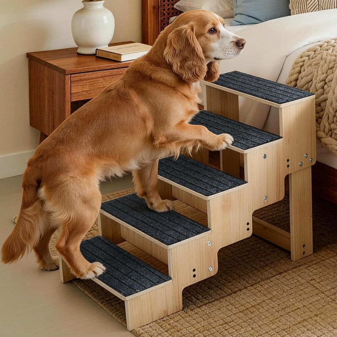 5-Step Wooden Dog Steps for Bed, Anti-Slip Dog Stairs with Carpet Pads