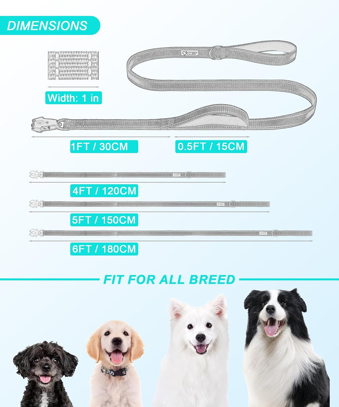 GEIT 4/5/6FT Heavy Duty Dog Leash with 2 Comfortable Padded Handles