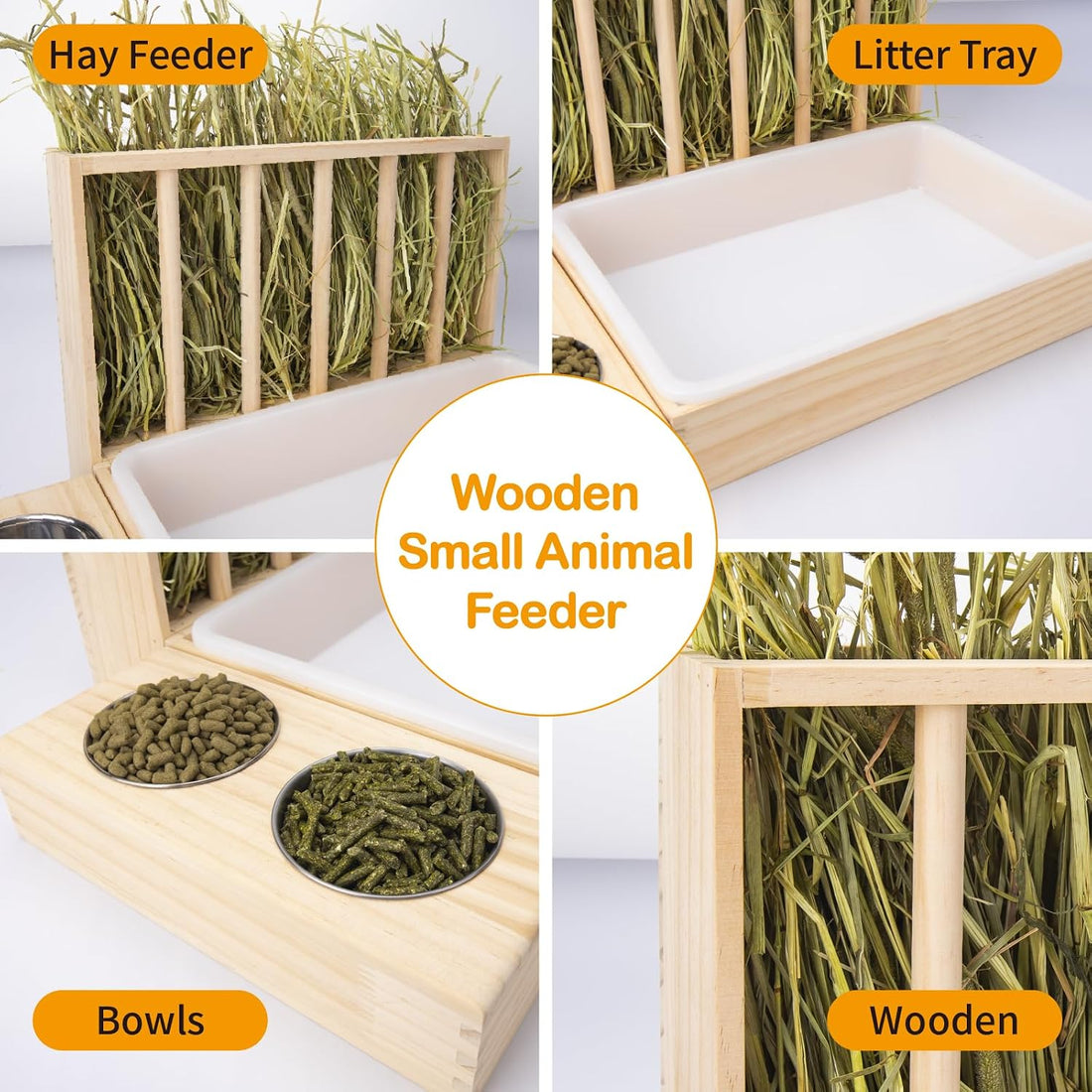 BESNEW 3 in 1 Rabbit Hay Feeder with Litter Box,Wooden Hay Feeder