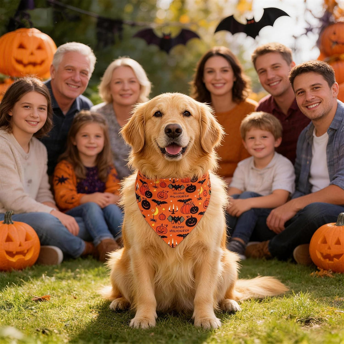 Halloween Dog Bandana for Large Dogs, Reversible Orange Scarf