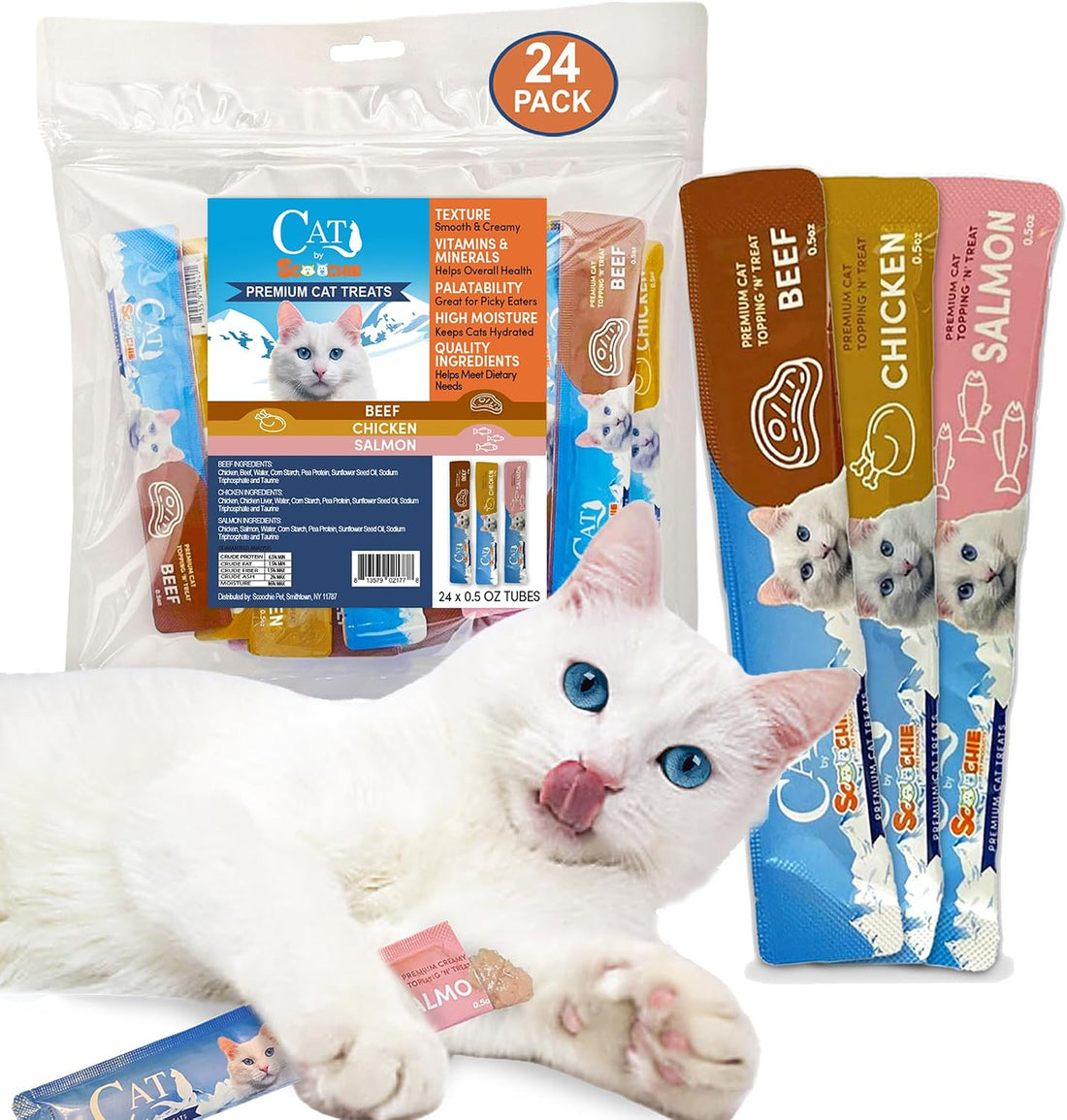 Scoochie Pet Cat Lick Treats, Chicken Salmon & Beef, 0.5oz, 12 Pack