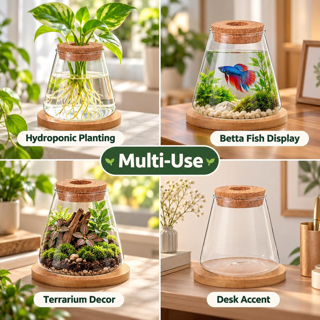Glass Betta Fish Bowl, Desktop Plant Hydroponic Terrarium Kit 4''