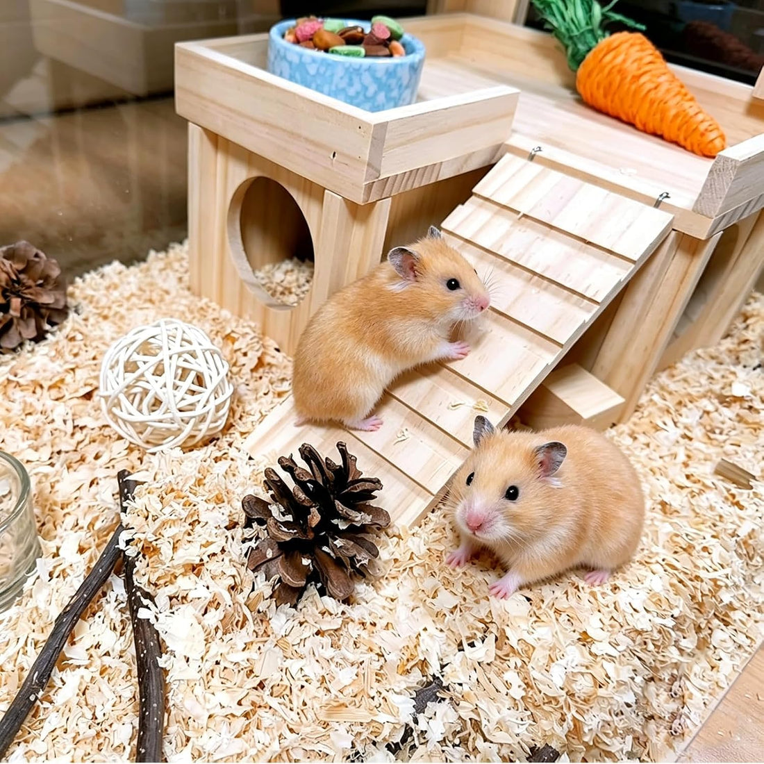 Wooden Hamster Hideout House with Platform, Bowl & Ladder