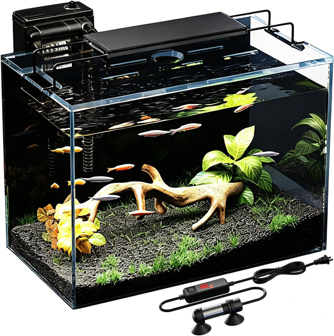 5 Gallon Fish Tank Kit with Filter Light with Timer, Lid Rimless Glass