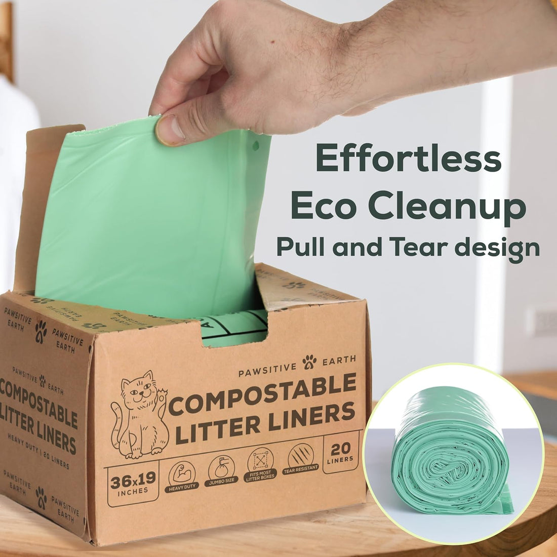 Cat Litter Box Liners 100% Compostable - Drawstring Close - 20 Count