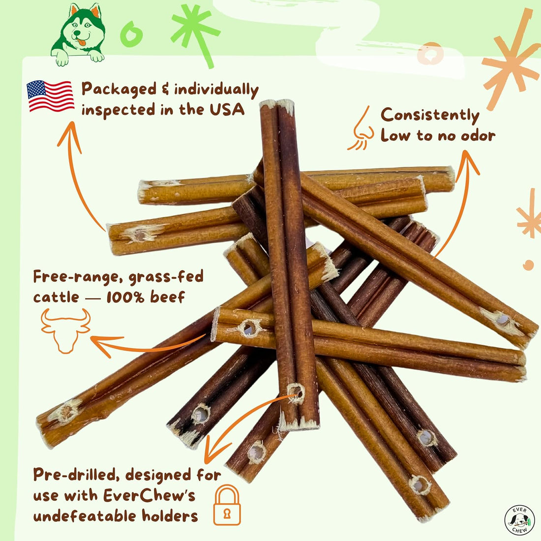 Low-Odor Bully Sticks for Dogs, 6" 100% Beef Refill Pack, Thick 10 Ct