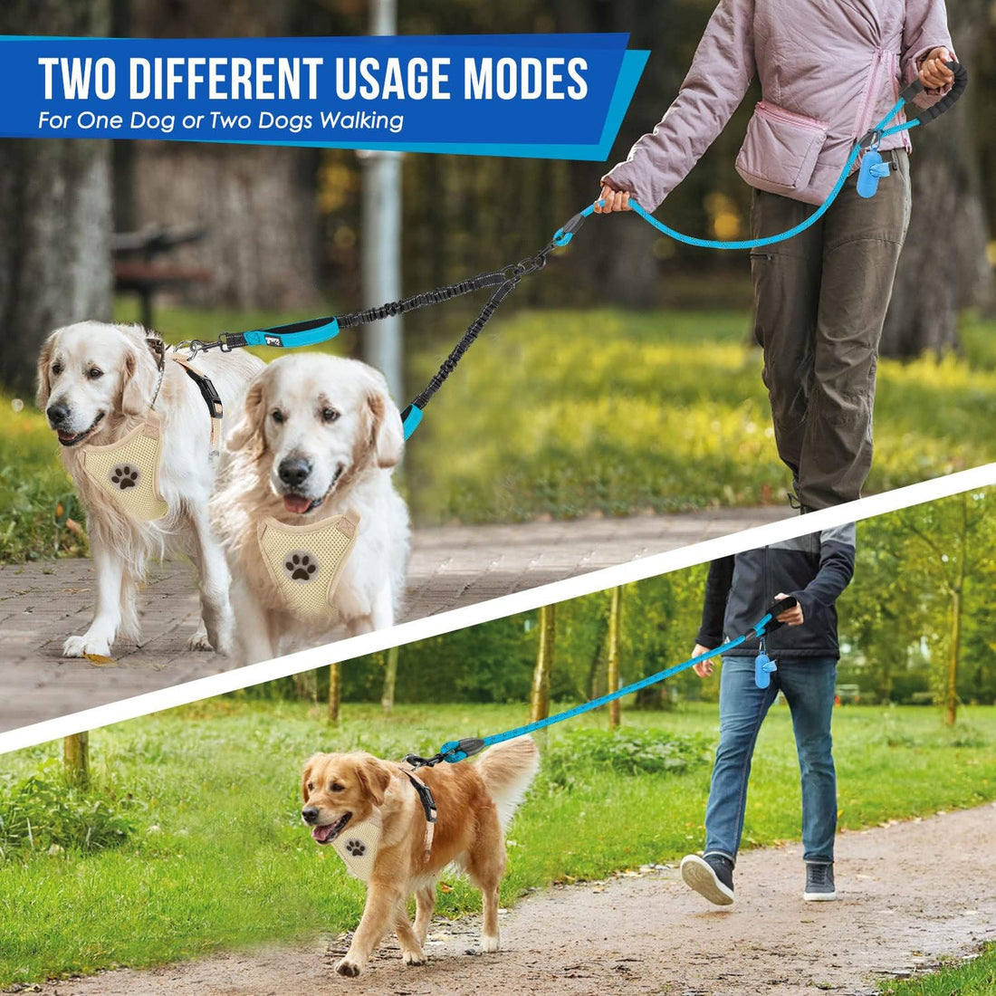 Lukovee Double Dog Leash, No Tangle 360° Swivel Heavy Duty Reflective