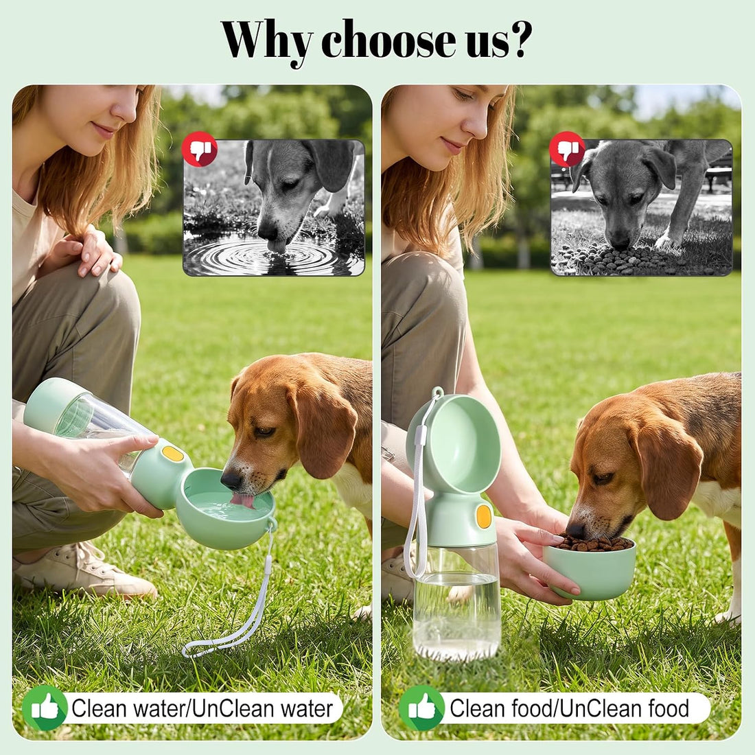 Portable Dog Water Bottle with Food Container 2 in 1(13.5oz Green)