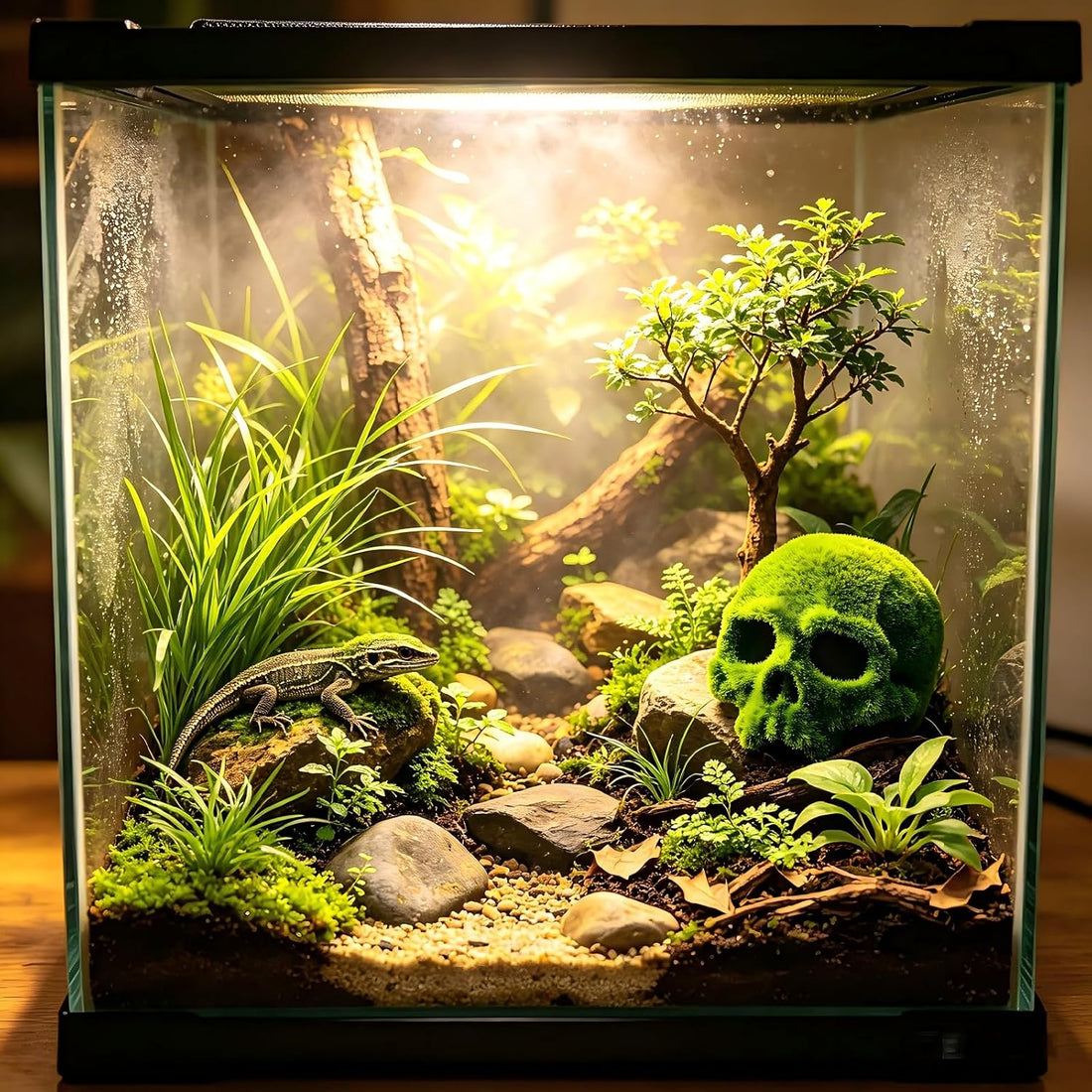 Mossy Skull Terrarium Ornament 4.5" Realistic Reptile Habitat Decor
