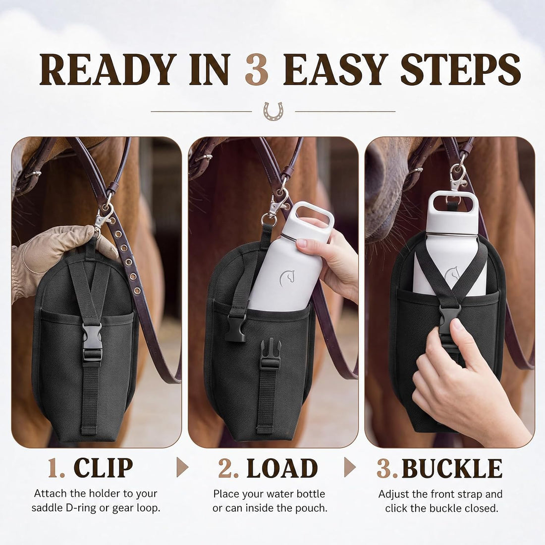 Horse Saddle Water Bottle Holder, Clip-on Nylon Pouch