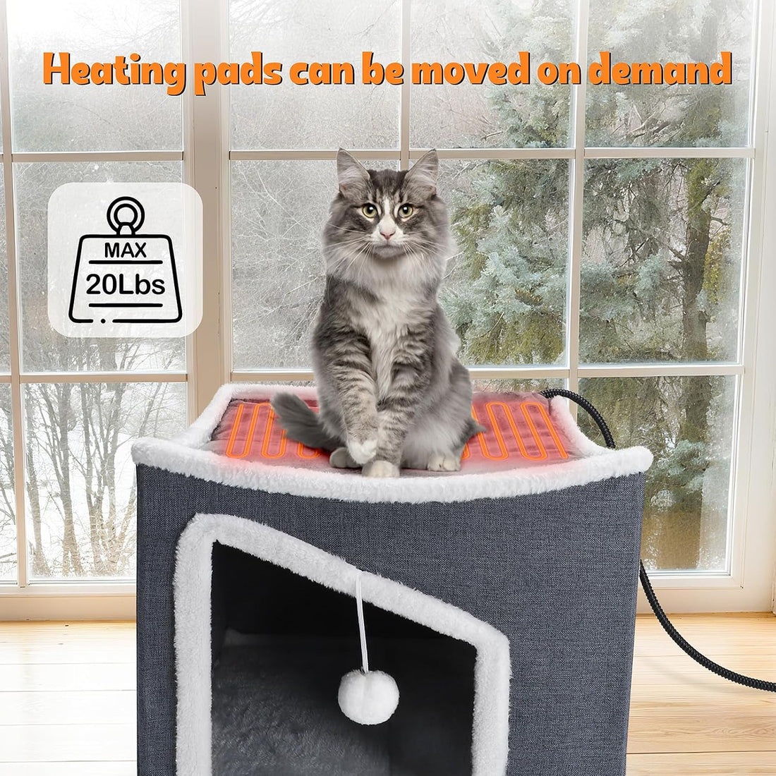 Tovve Heated Cat House for Indoor, Large Cat Bed with Heating Pad