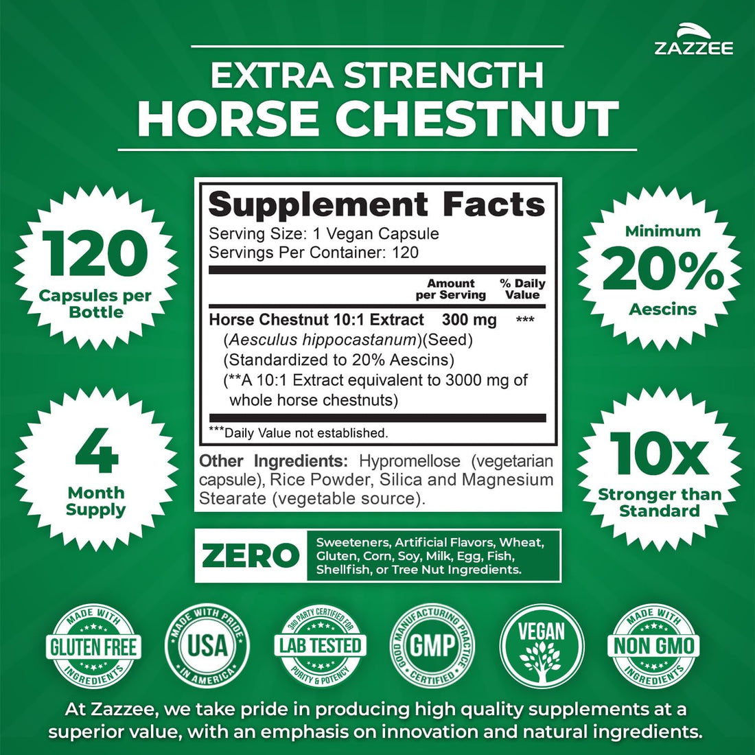 Zazzee Extra Strength Horse Chestnut 10:1 Extract, 20% Aescins, Vegan