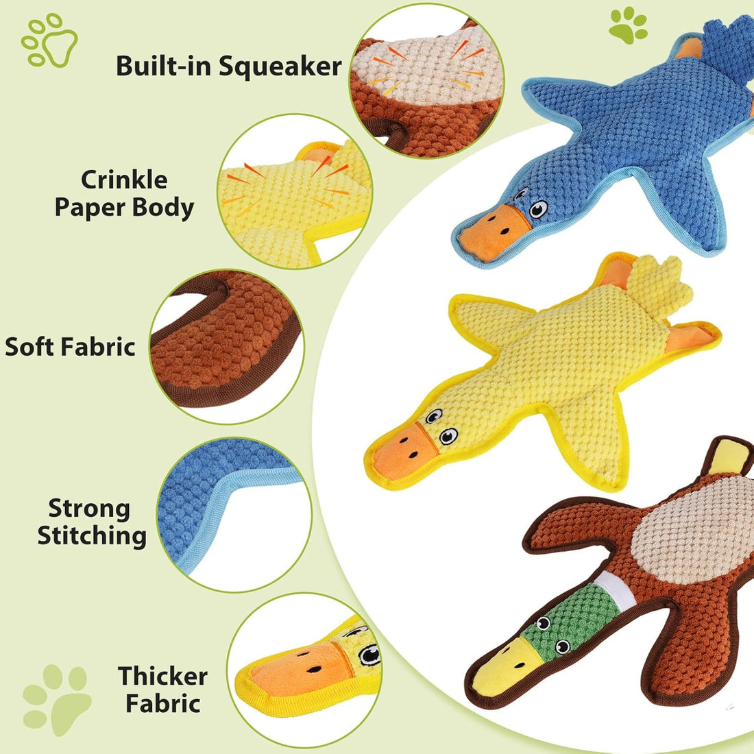 Dog Toys 3-Pack Cute Duck Shapes Puppy Toys No-Stuffing Squeaky