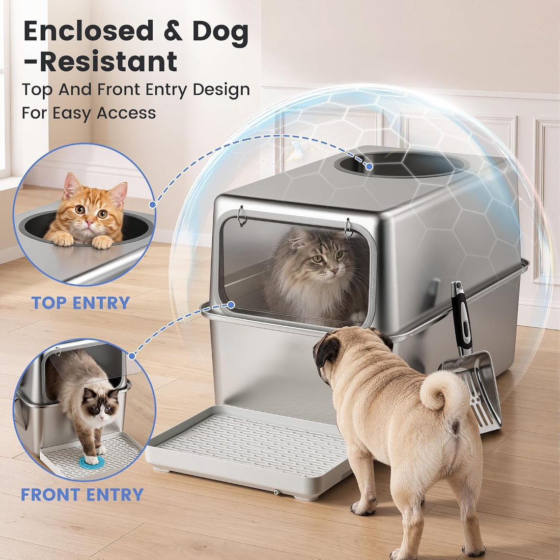 Stainless Steel Litter Box with Lid, Side Entry, 23.1x14.7x15.3 in