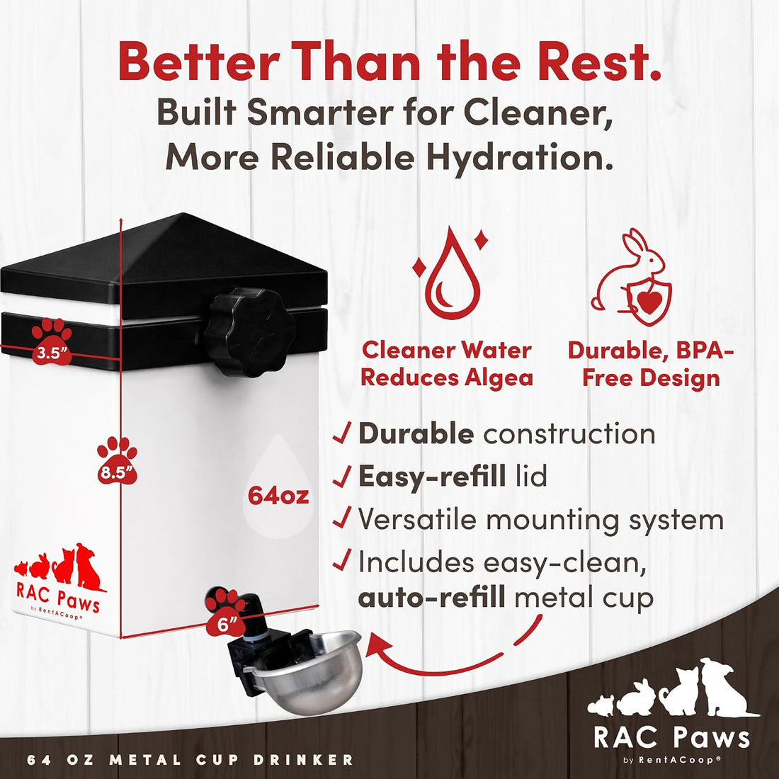 RentACoop 64oz Small Animal Drinker with Auto-Fill Metal Cup