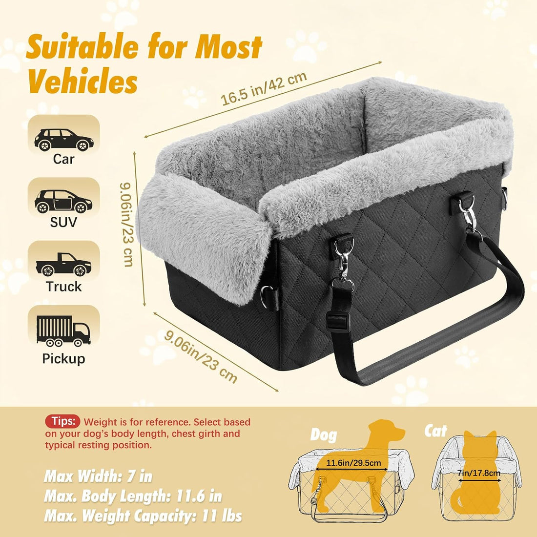 VavoPaw Center Console Dog Car Seat for Small Dogs&Cats Under 12 LBS