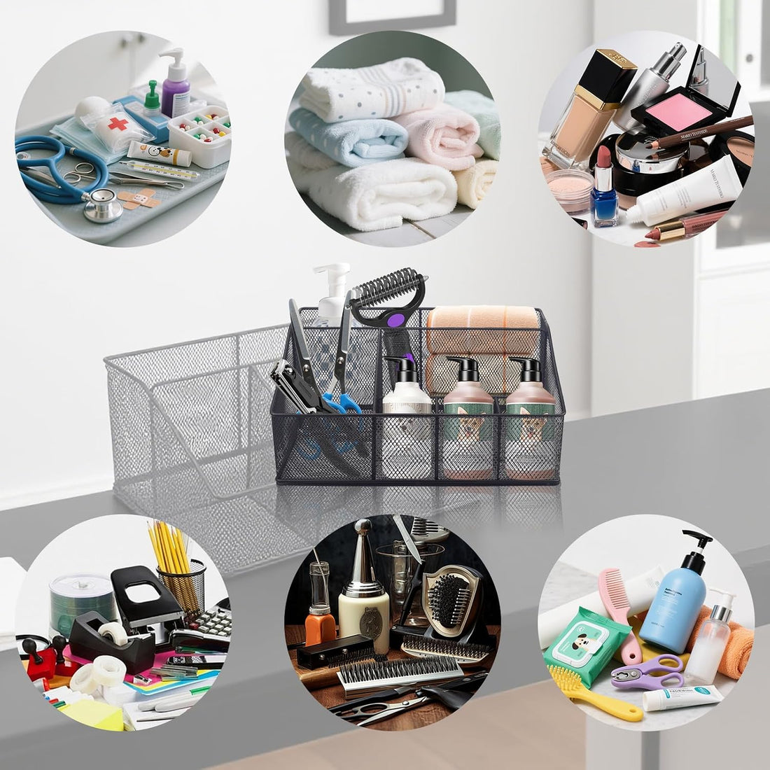Universal Pet Grooming Supplies Organizer, 6-Compartment Mesh Wire