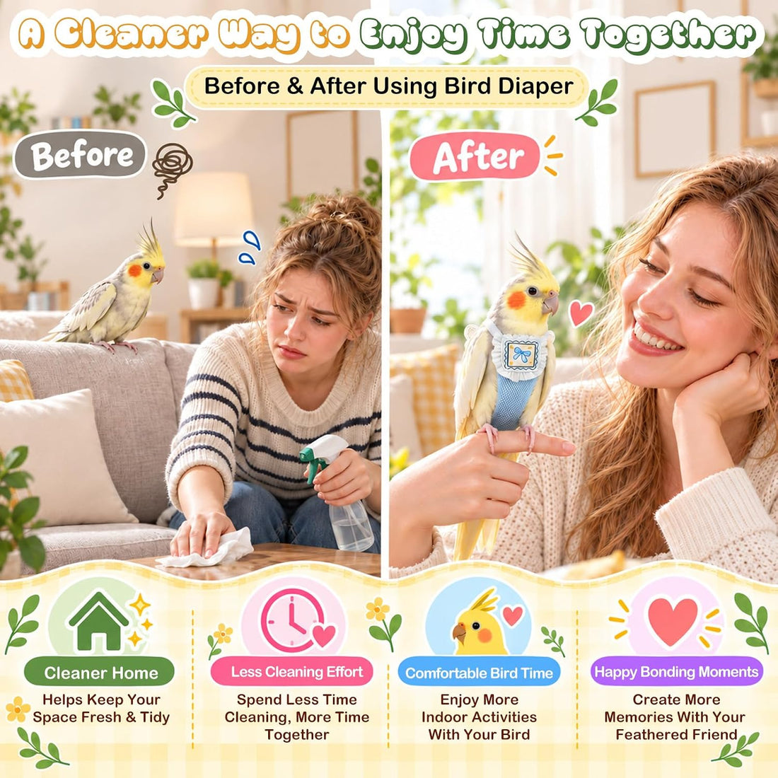 Bird Diaper, 4 Pcs Reusable Parrot Nappy with Elastic Straps