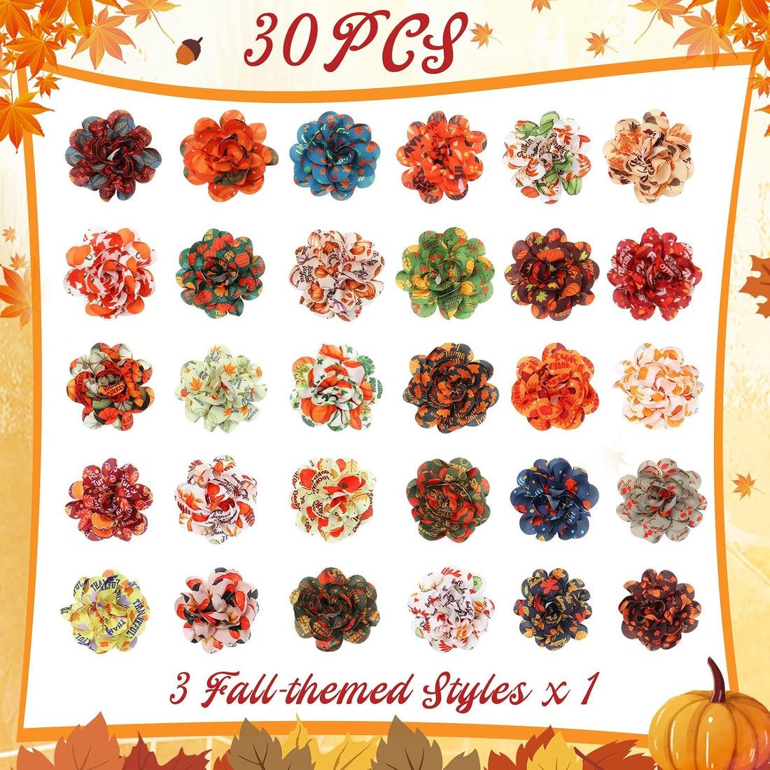 Sanwuta 30 Pcs Fall Pet Collar Flowers Bow Slide Attachments, Pumpkin