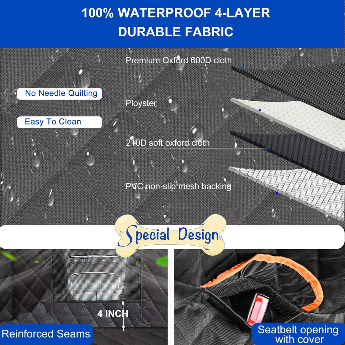 EasyHaWei Dog Car Seat Cover for Back Seat 600D Scratchproof Nonslip